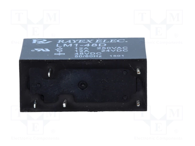 Relejs DC48V, SPDT, 12A/250VAC, 12A/30VDC, 4.4kΩ(10mA), viens kontakts uz pārslēgšanu,29x20.5x12.5mm, RAYEX ELECTRONICS