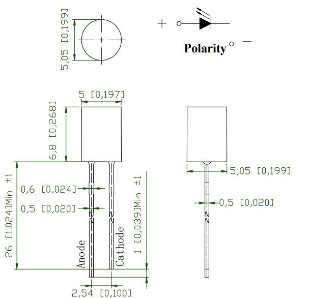 5mm, sarkana, 70...120mcd, 130°, 1.6...2.4V/20mA, 624nm, gaismas diode, plakana