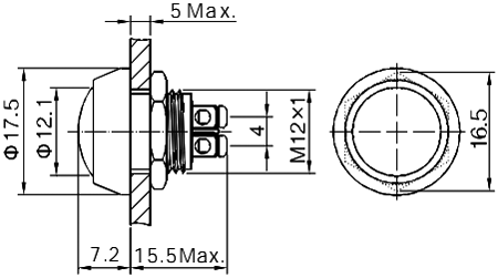 Antivandala poga, SPST-NO, OFF-(ON), 2A/36VDC, IP65, Ø17.5x22.8mm, M12, melna