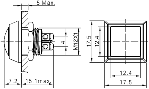 Antivandala poga, SPST-NO, OFF-(ON), 2A/36VDC, IP65, 17.5x17.5mm, M12mm, dzeltena