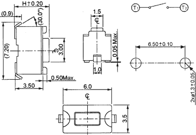 Mikroslēdzejs horizontāls, SPST-NO, OFF-(ON), 0.05A/12VDC, SMD, 6x3.5x3.5mm, 1.6N, L=0.8mm