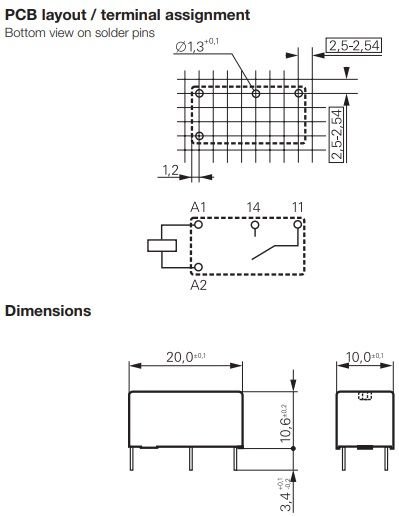 Relejs DC48V, SPST-NO, 6A/250VAC, 6A/30VDC, 11.52kΩ(4.2mA), viens kontakts uz saslēgšanu, 20x10.6x10mm, TE Connectivity