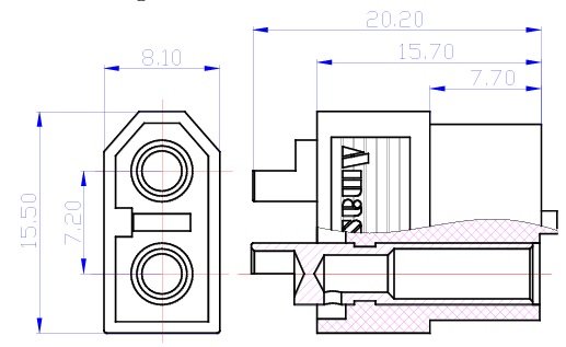 2Pin, XT60, "mama", 500V, 30A, lodejama PCB, taisns