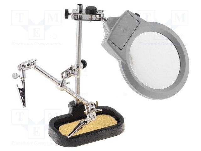 Galda tureklis ar palielina glāzi Ø90mm, ar apgaismošanu un lodamura un plates turetajem, 3 baterijas 1.5V, LR03, (AAA)