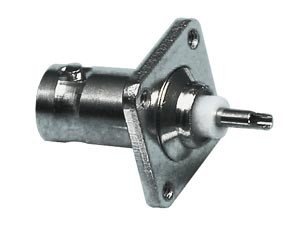 BNC ligzda, šasijai, neizolēts, taisns, 50Ω, uzskrūvējams, kvadrata veida (ar flanciu, 4 skrūves)