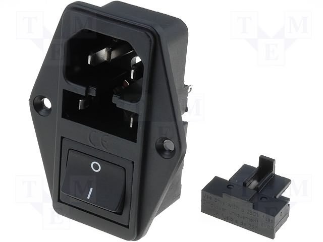 Tikla štekers, 250VAC, 10A, C14(E), + drošinātajs, + sledzējs(DPST), 2 skrūves, šasijai