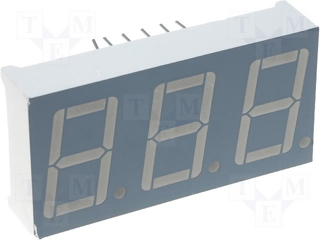 7LED indikators, trijkāršs, 14.2mm, 19x37.6mm, kopējs katods, zaļš