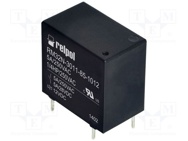 Relejs DC12V, SPDT, 5A/250VAC, 5A/28VDC, 320R(37.5mA), viens kontakts uz parslēgšanu, 18.8x10.6x15.3mm, RELPOL