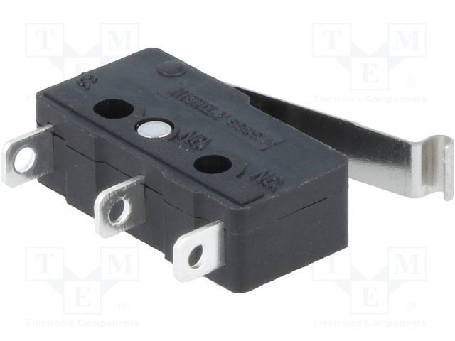 Mikropārslēdzējs ar sviru (ar izliekto galu, Ø=3mm), L=17mm, SPDT, ON-(ON), 5A/250VAC, IP40, viens kontakts