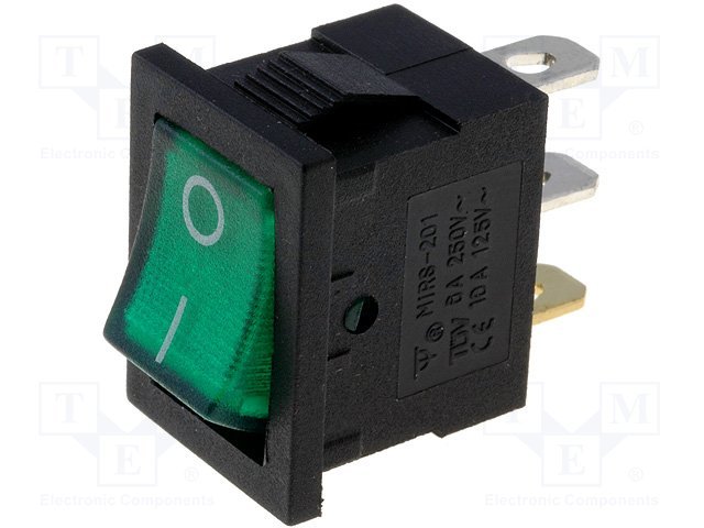 Taustiņslēdzis SPST, ON-OFF, 3A/250VAC,6A/125VAC, 18.8x12.9x14.4mm, apgaism. neona lamp. (--O), zaļā krasa, ar fiksāciju