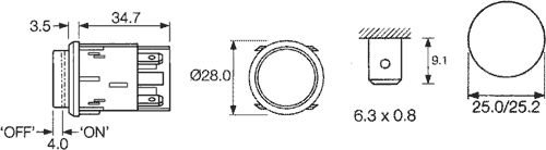 Poga DPST-NO, OFF-ON, 16A/250VAC, 16A/28DAC, 6.3x0.8mm, neona lampiņa sarkana krasa, Ø25mm, ar fiksaciju