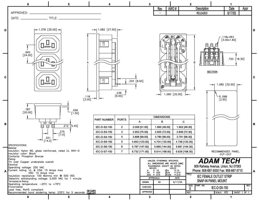 Tikla ligzda x3, 250VAC, 10A, C13(F), ar sprūdiem, šasijai
