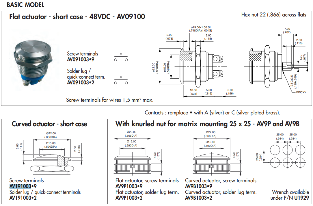Poga M19x27mm, SPST-NO, OFF-(ON), 2A/48VDC, IP65, metala, antivandalā, baz fiksacijas, APEM