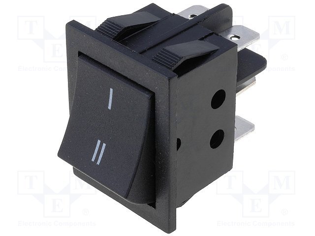 Taustiņslēdzis DPDT, ON-ON, 15A/250VAC, 26x34mm, (--=), melnā krasa, ar fiksāciju