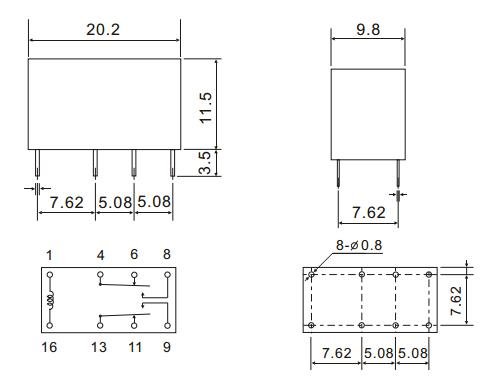 Relejs DC24V, DPDT, 2x1A/125VAC, 1.25A/30VDC, 3.84kΩ(6.5mA), divi kontakti uz pārslēgšanu, 20.5x10x11.4mm, RAYEX ELECTRONICS