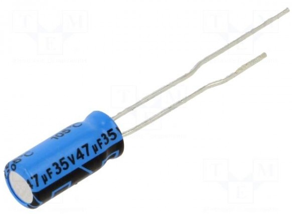 47/63V, 105C, Ø6.3x11mm, ±20%, Kondensators elektrolītisks, VISHAY, 2000h, ar lokaniem izvadiem