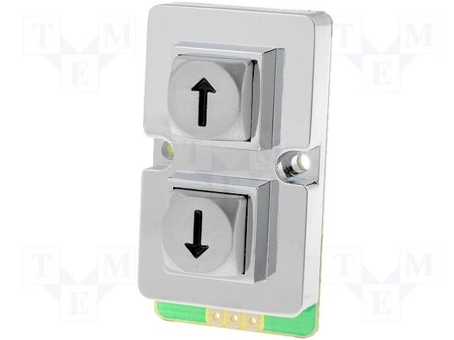 Metāliska klaviatūras poga ir aizsargāta no valgmes, "2*strēlnieka", OFF-(ON), 2xSPST-NO, 0.02A/24VDC, 23x38.5mm, h=2mm