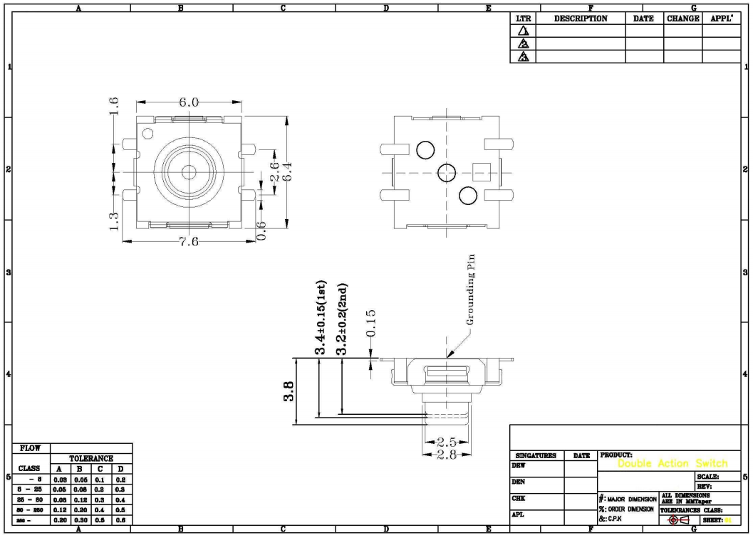 Mikroslēdzejs horizontāls, SPST-NO, OFF-(ON), 0.05A/12VDC, SMD, 6x6.4x2.3mm, 2.6N, L=1.5mm