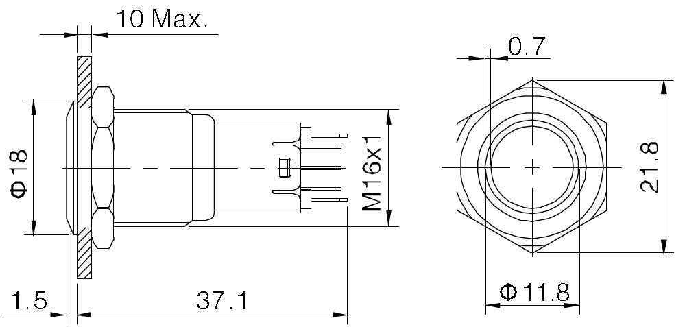 Poga M16x36mm, SPST-NO, ON-ON, 0.5A/220VAC, 1A/24VDC, IP67, LED24VDC, zilais riņķis, antivandala, ar fiksaciju