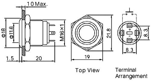 Poga M16x20mm, SPST-NO, OFF-(ON), 2A/36VDC, IP65, LED12VAC/DC, zaļa riņķis, antivandala, bez fiksacijas