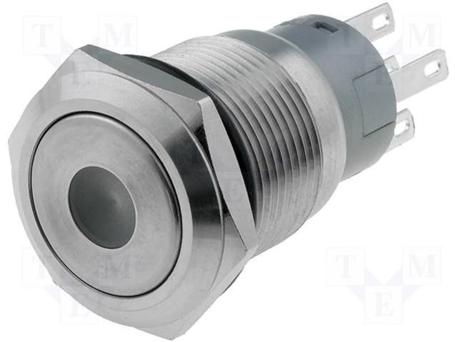 Poga M19x36mm, SPDT, ON-(ON), 0.5A/220VAC, 1A/24VDC, IP67, LED12VAC/DC, dzeltena centrā, antivandala, bez fiksacijas