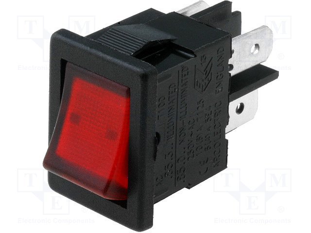 Taustiņslēdzis DPST, ON-OFF, 10A/250VAC, 10A/28VDC, 15x21mm, apgaism. neona lamp. satkanā, melnā krasa, ar fiksāciju