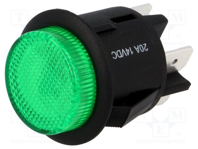 Poga DPST-NO, OFF-ON, 20A/12VDC, LED12VDC, Ø26x27mm, zaļā krasa, ar fiksaciju