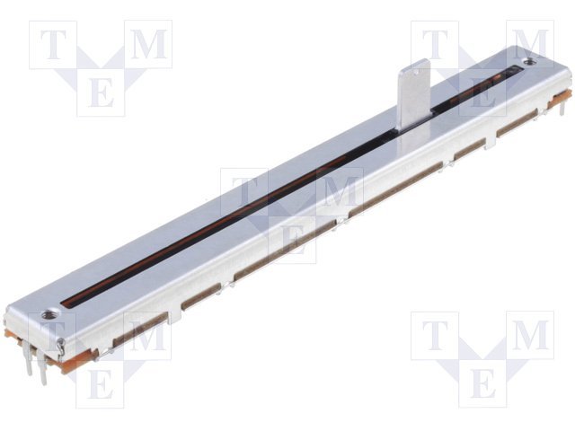 10K, slīdbīnžu potenciometrs, LOGARITMISKA atkarība, STEREO, metalisks, 500mW, 128x16x8mm