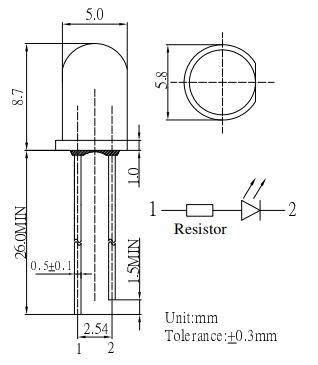 5mm, sarkana, 12V, 1120...1560mcd, 30°, 12V/10...15mA, 620-630nm, gaismas diode