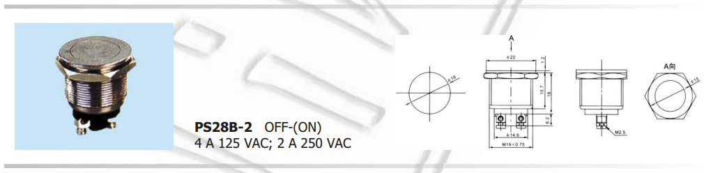 Poga M19x24mm, SPST-NO, OFF-(ON), 2A/250VAC, IP40, metalā, antivandalā, bez fiksacijas