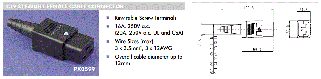 Tikla ligzda, 250VAC, 16A, C19 (J), vadam, taisns, BULGIN