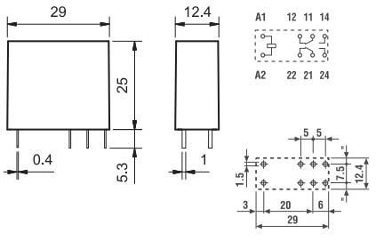 Relejs AC48V, DPDT, 2x8A/250VAC, 2x8A/30VDC, 1.35kΩ/21mA, divi kontakti uz pārslēgšanu, 29x12.4x25mm, FINDER