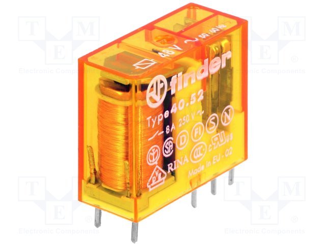 Relejs AC48V, DPDT, 2x8A/250VAC, 2x8A/30VDC, 1.35kΩ/21mA, divi kontakti uz pārslēgšanu, 29x12.4x25mm, FINDER