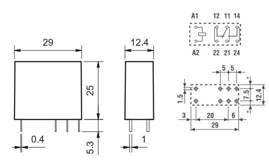 Relejs AC48V, SPDT, 16A/250VAC, 16A/30VDC, 1350Ω(21mA), viens kontakts uz pārslēgšanu, 29x12.4x25mm, FINDER