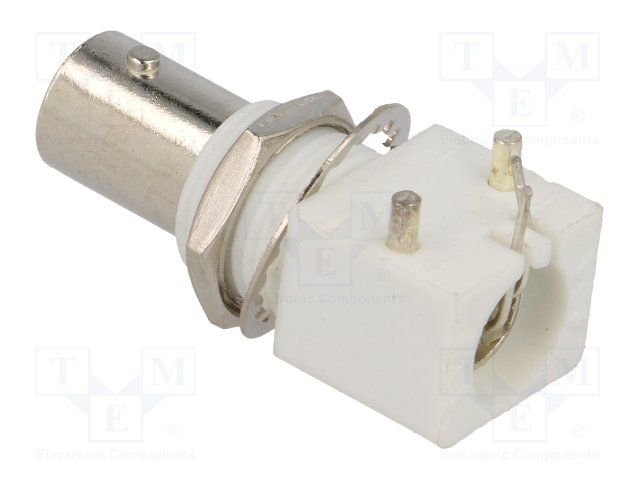 BNC ligzda, šasijai, izolēts, leņķisks 90°, 50Ω, THT