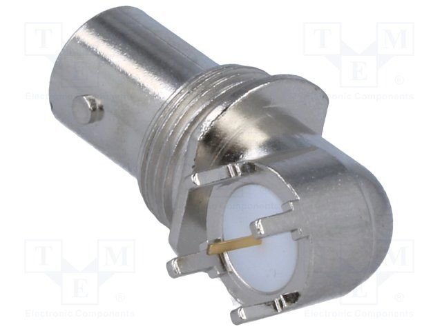 BNC ligzda, šasijai, neizolēts, leņķisks 90°, 50Ω, THT