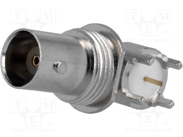 BNC ligzda, šasijai, neizolēts, leņķisks 90°, 50Ω, THT