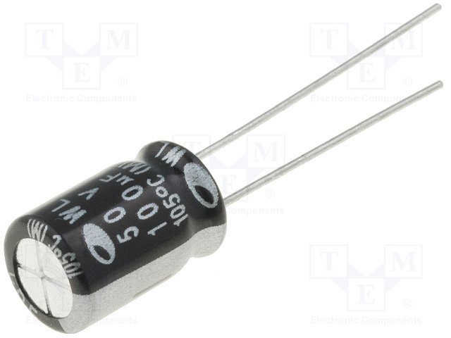 100/50V 105C, Ø8x11.5mm, ±20%, Kondensatori zemas induktivitātes, 3000h, SAMWHA, ar lokaniem izvadiem