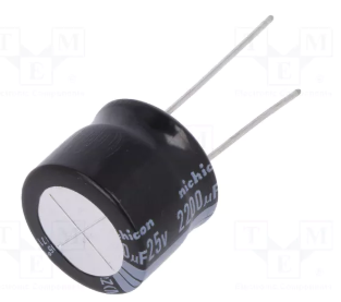 2200/25V, 105C, Ø18x15mm, ±20%, Kondensators elektrolītisks, 1000h, NICHICON, ar lokaniem izvadiem