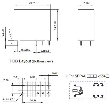 Relejs 230V/AC, DPDT, 2x8A/250VAC, 32.5kΩ(7.08mA), divi kontakti uz pārslēgšanu, 29x25.5x13mm, HONGFA RELAY