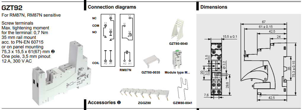 Releja pamats, 5pin(2+3), 12A/300VAC, DIN rail montaža, relejam RM87N, SPDT