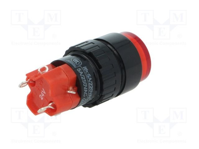 Poga M16x36mm, SPDT, ON-ON, 3A/220VAC, 2A/24VDC, IP67, LED24VAC/DC, sarkana krasa, ar fiksacijuas