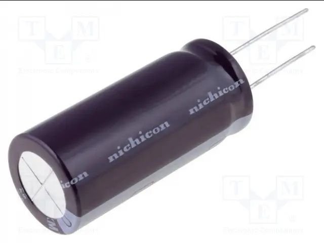 220/50V, 105C, Ø10x20mm, ±20%, Kondensatori zemas induktivitātes 0.09R, 5000h, NICHICON, ar lokaniem izvadiem