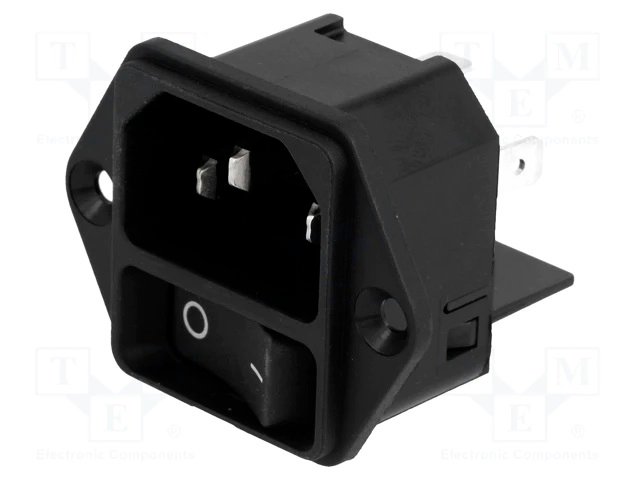 Tikla štekers, 250VAC, 15A, C14(E), + sledzējs(SPST), 2 skrūves, SCHURTER, šasijai