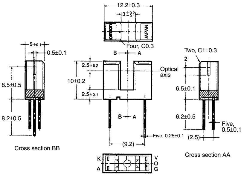 EE-SX398 Optopāris arspraugas, izeja tranzistors, 3mm, 4.5...16VDC, Iout=16mA, If=50mA