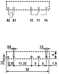 Relejs DC48V, SPDT, 6A/250VAC, 6A/30VDC, 12.3k(3.9mA), viens kontakts uz pārslēgšanu(AgNi), 28x5x15mm, FINDER