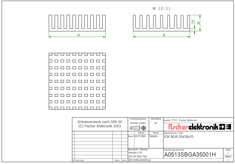 Radiators 35x35x10mm, aluminijs, melna krasa