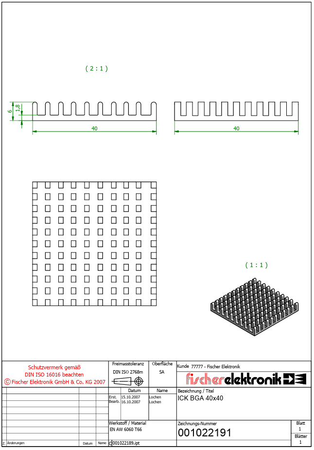 Radiators 40x40x6mm, aluminijs, melna krasa