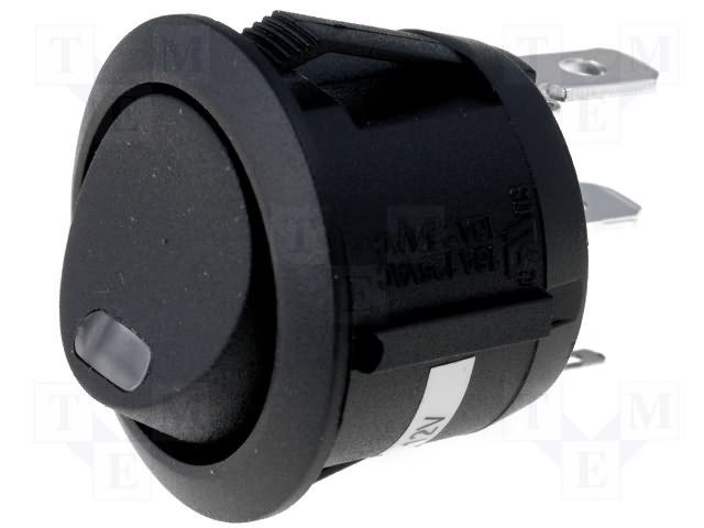 Taustiņslēdzis SPST, OFF-ON, 20A/12VDC, D=23mm, LED12VDC-sarkanā, melnā krasa, apaļa, ar fiksāciju