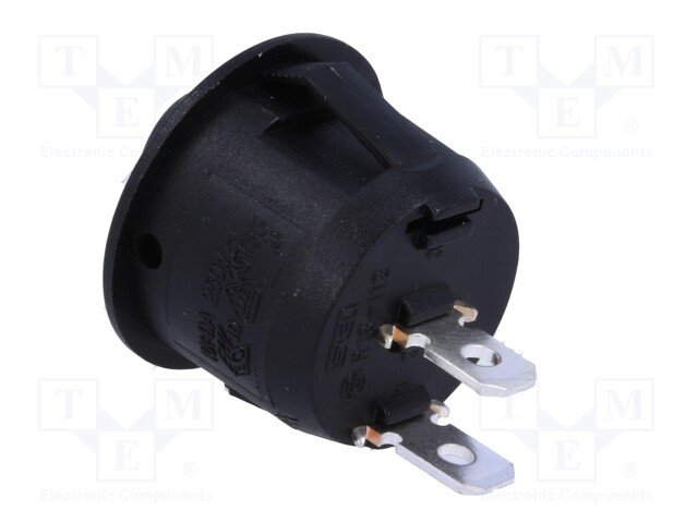 Taustiņslēdzis SPST, OFF-ON, 6A/250VAC, 20A/12VDC, D=23mm, (--O), melna krasa, apaļa, ar fiksāciju